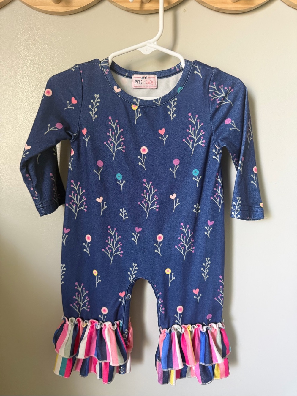 Pete + Lucy Girls 3-6M Blue Floral Knit Romper Long Sleeve Ruffle One-Piece
